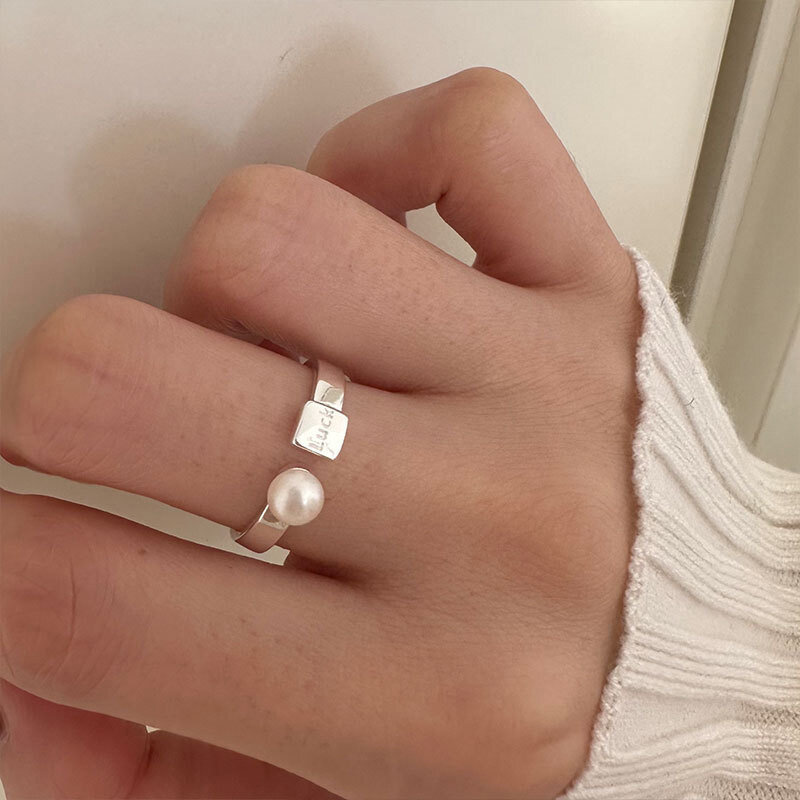 925 Sterling Silver Geometric Letter pearl Rings For Women Men Simple Korean Fashion Open Adjustable Handmade Ring Couple Gifts