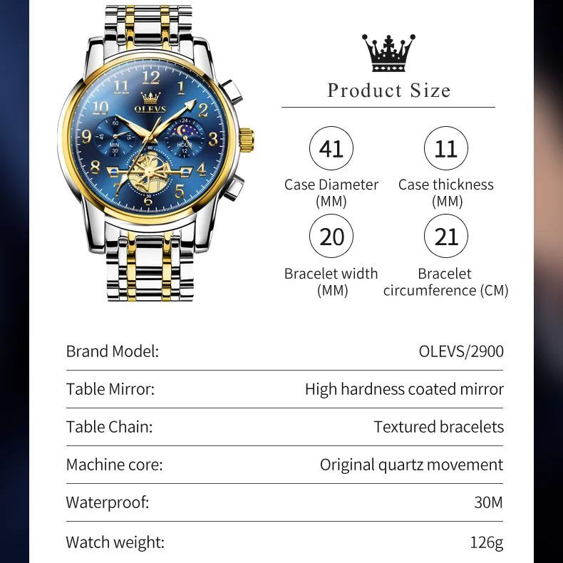 OLEVS-Reloj de pulsera de cuarzo para hombre, cronógrafo luminoso de acero inoxidable, fase lunar, a la moda, nuevo, 2900