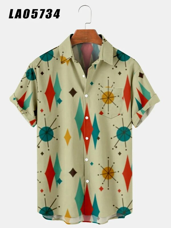 Camisa de manga corta con botones para hombre, camisa con estampado digital creativo, costura de pieza cuadrada, cuello en V, top de verano, 2021