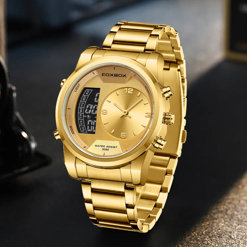 Męskie zegarki FOXBOX luksusowe ze stali wodoodporne sportowe kwarcowe zegarek wojskowy LED dla mężczyzn