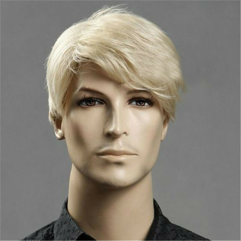 Męska peruka Blond krótkie włosy dla mężczyzn z boku zamiecione grzywki kostium męski peruka do cosplayu