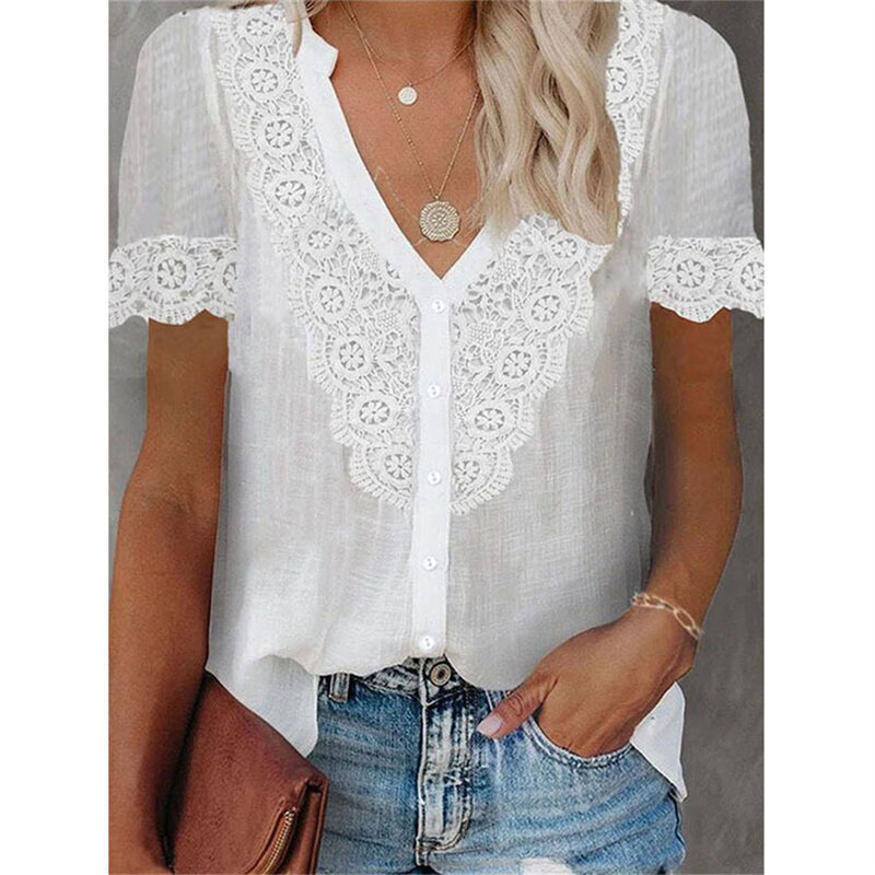 Sexy V-hals Lace Shirt Blouse 2022 Lente Zomer Korte Mouw Dames Shirt Casual Vrouwen Solid Trui Tops Blusa Streetwear