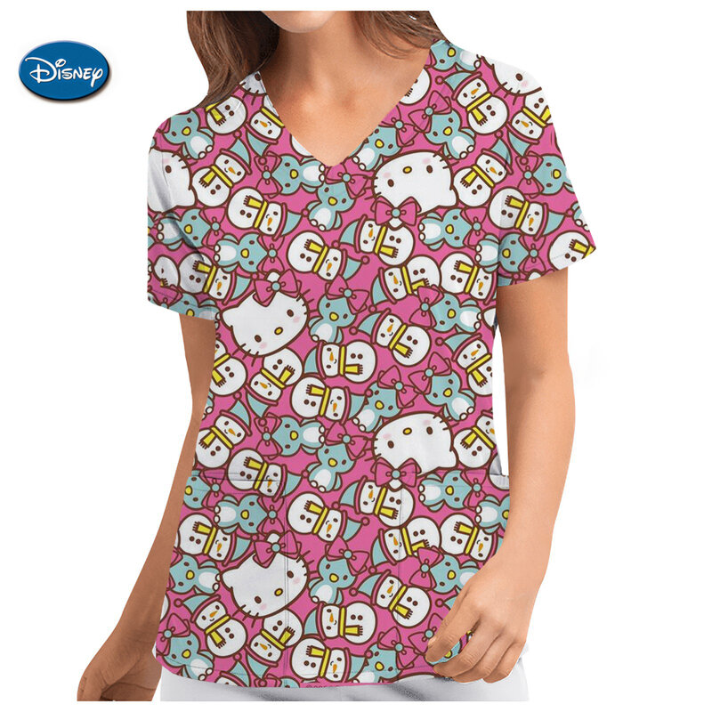 Hello Kitty uniforme de enfermeira para mulheres, uniforme de trabalho, blusa túnica, roupas médicas, roupa de bolso, top de enfermagem