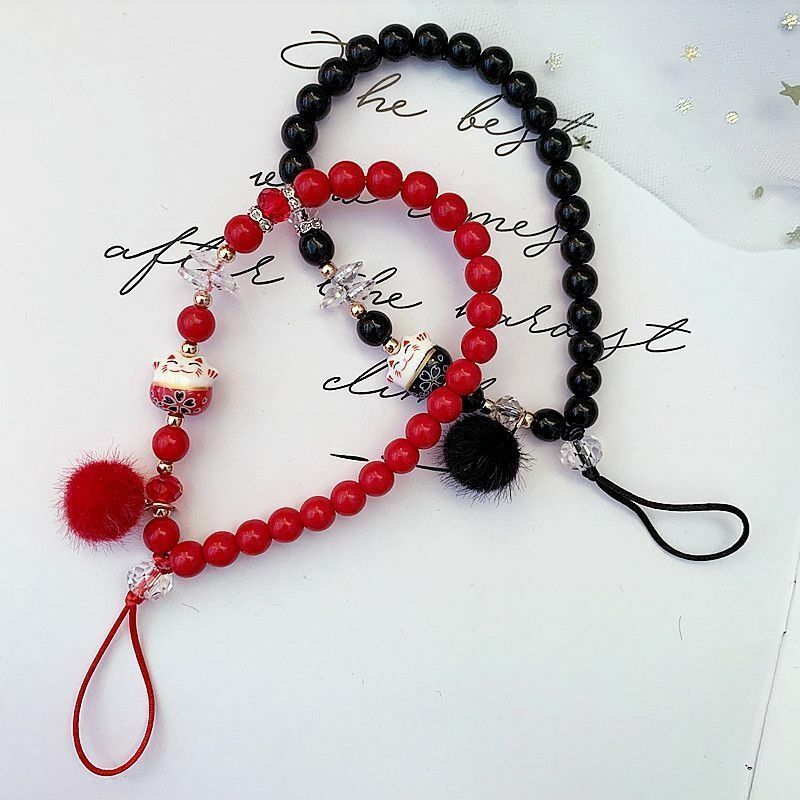 Small Fur Ball Bead String Mobile Phone Short Lanyard Cat Accessories U Disk Pendant Personality Creative Wrist Rope Women's