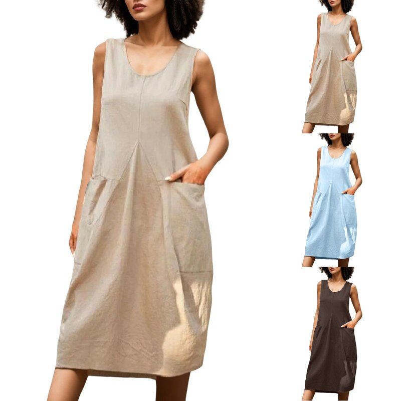 Women's Sleeveless Solid Color Loose U Tie Pocket Dress Casual Dress Long Sleeve Swing Dress Solid Color T Shirt Dress