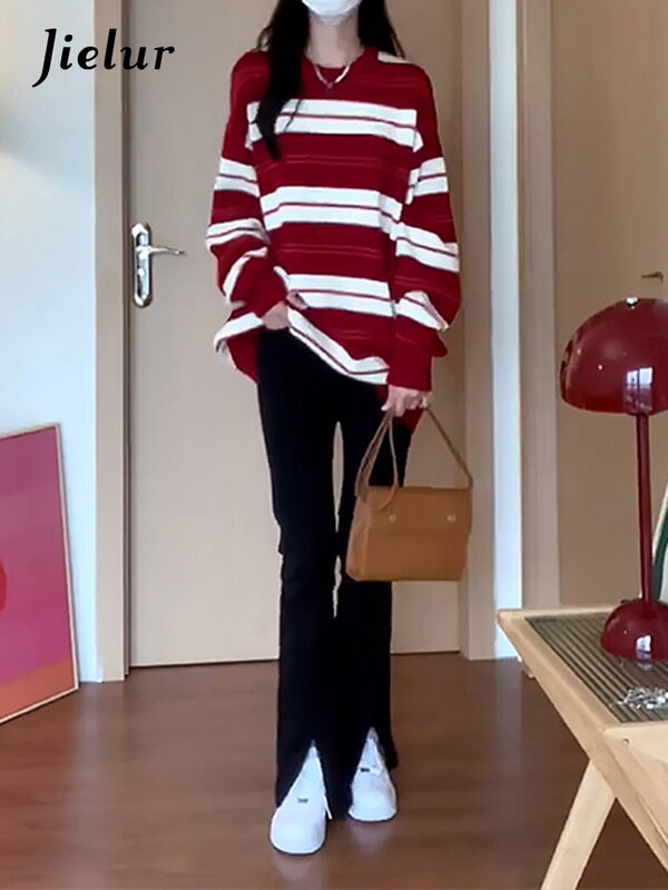 Jielur Осенние новые винтажные шикарные корейские пуловеры женские повседневные свободные уличные пуловеры Женский трикотажный топ контрастных цветов с круглым вырезом для женщин