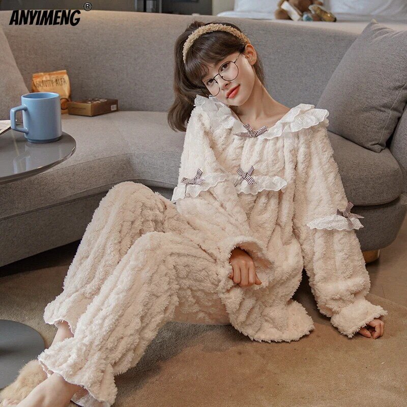 Elegant Lady Velvet Pajamas Set Winter Jacquard Sleepwear for Woman Fashion Princess Style Petit Chic Thick Homesuits for Women