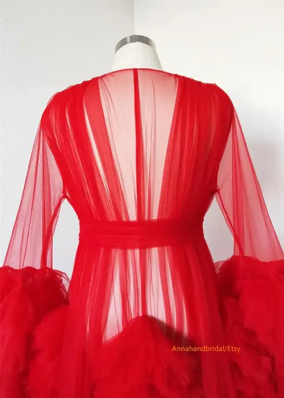أردية حمراء مع شال للنساء ، رداء حمام طويل من التل ، فساتين زفاف ، تصوير فوتوغرافي ، ثوب رقيق ، حفلة عيد ميلاد ، مصنوعة خصيصًا
