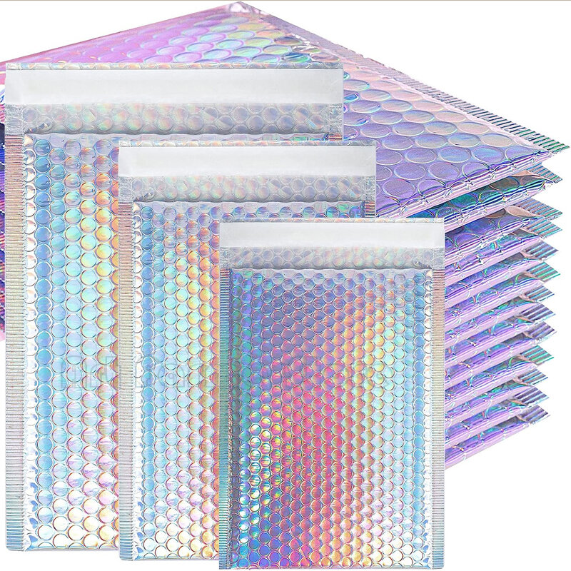 100 buah pembungkus gelembung Laser Mailer holografis tas kemasan amplop dengan bantalan untuk bisnis Mailer gelembung kemasan pengiriman