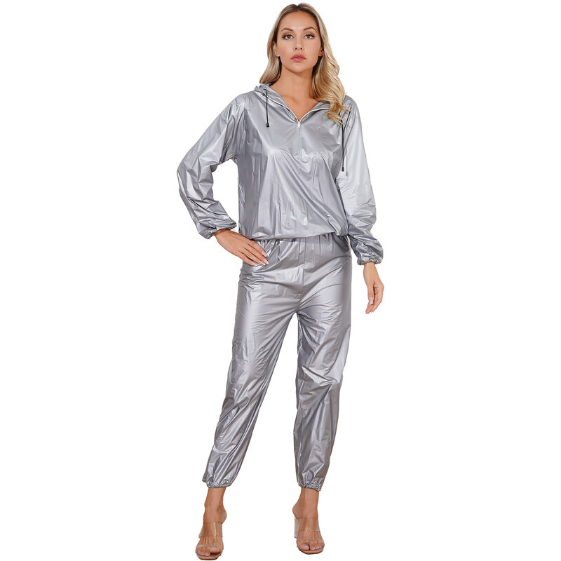 Mens Womens Sauna Suit PVC Sports Wear Long Sleeve Tops with Elastic Waistband Pants Unisex Slimming Fitness Workout Outfits
