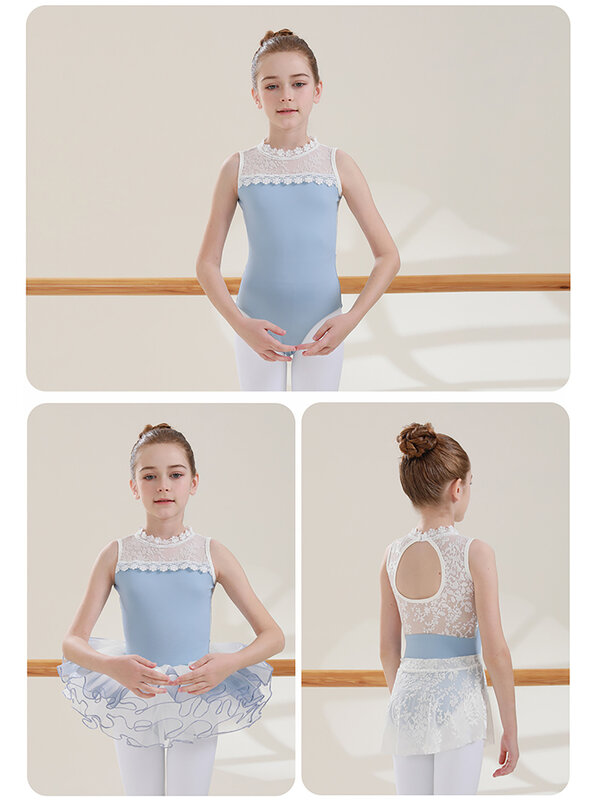 Bambini ragazze ginnastica Tutu di balletto body Costume One Piece Dancewear Ruffles body increspato Mesh Cutout Back body