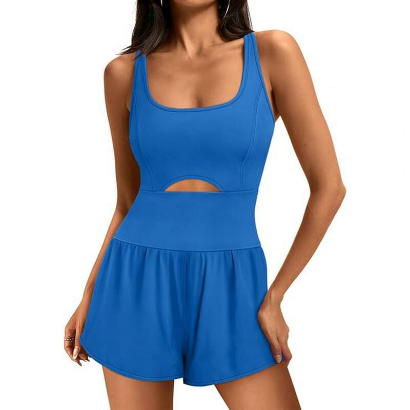 Women Sports Rompers U Neck Sleeveless Hollow Out Pleated Shorts Slim Fit Cross Back Quick Dry Jogging Rompers Lady Yoga Rompers