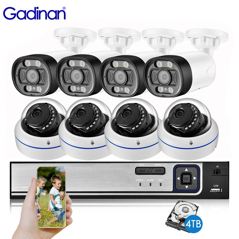 Gadinan-5MP 보안 시스템 POE 비디오 감시 세트, 8CH NVR 키트 CCTV 실외 AI 음성 경고 총알/얼굴 감지 돔 카메라