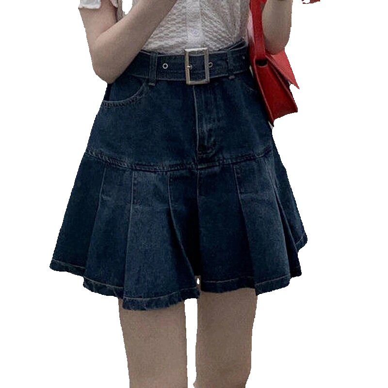 Faldas vaqueras de cintura alta para mujer, minifaldas Retro plisadas de mezclilla, cinturón Punk Harajuku, Falda de línea A informal de estudiante coreano