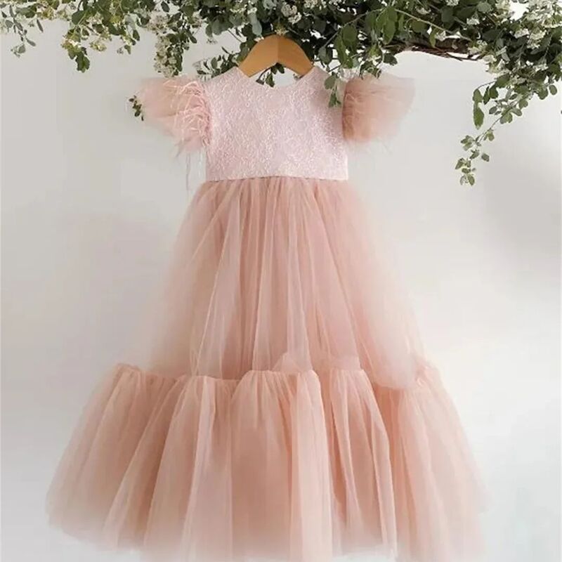 New Blush Flower Girl Dress for Wedding O Neck Cap Sleeve Kid Birthday Dress Pageant Party Gown Kid Size 1-14Y