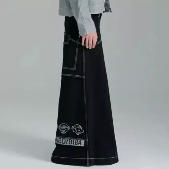 Harajuku Y2K JNCO Jeans gotycki Hip Hop duża kieszeń haft workowate dżinsy casualowe spodnie męskie czarne damskie spodnie dżinsy z szeroką nogawką