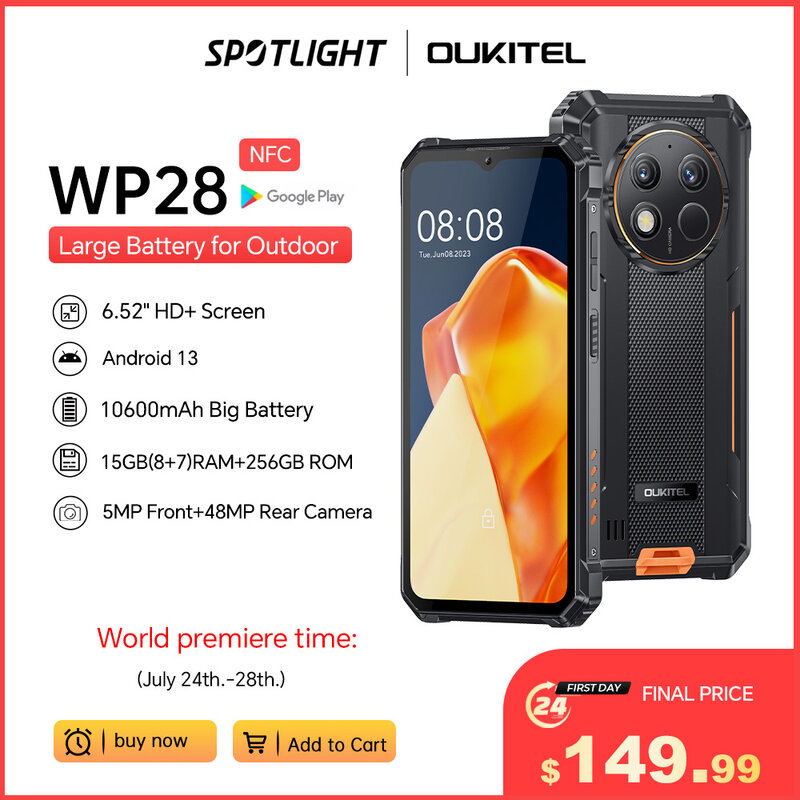 Oukitel WP28 견고한 스마트폰, 6.52 인치 HD, 10600mAh, 8GB, 256GB, 안드로이드 13 휴대폰, 48MP 카메라 휴대폰