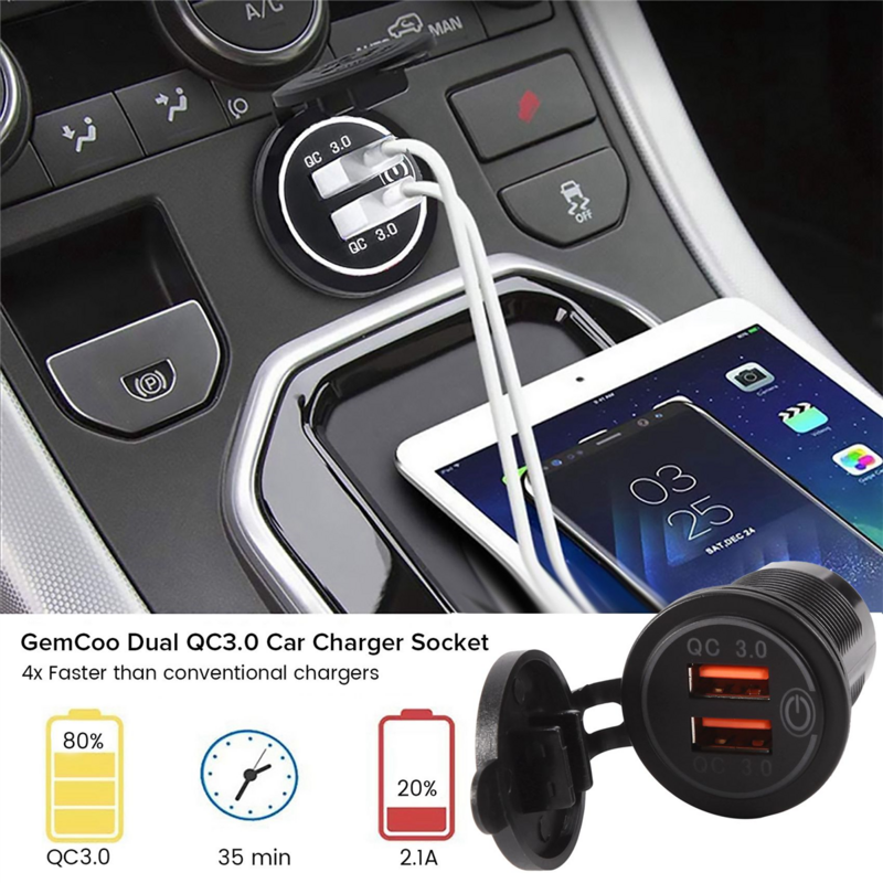 Dual USB Car Charger with Switch, 12V, 36W, Quick Charge 3.0, Carregador Rápido para Barco, Motocicleta, Caminhão, Sedan, Vermelho