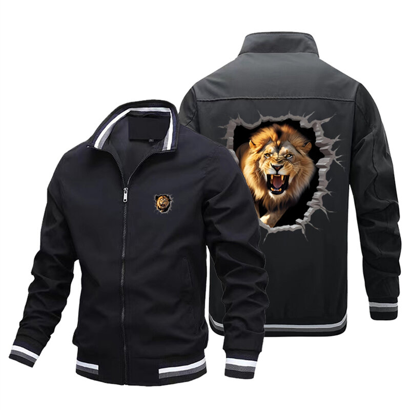 Jaqueta de beisebol masculina com gola em pé, jaqueta aviador, roupas extragrandes, estampada padrão leão, nova