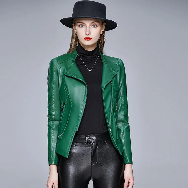 Spring Autumn Jacket Women Slim Fit PU Leather Short Coat Stand Collar Ladies Zipper Motor Biker Outerwear