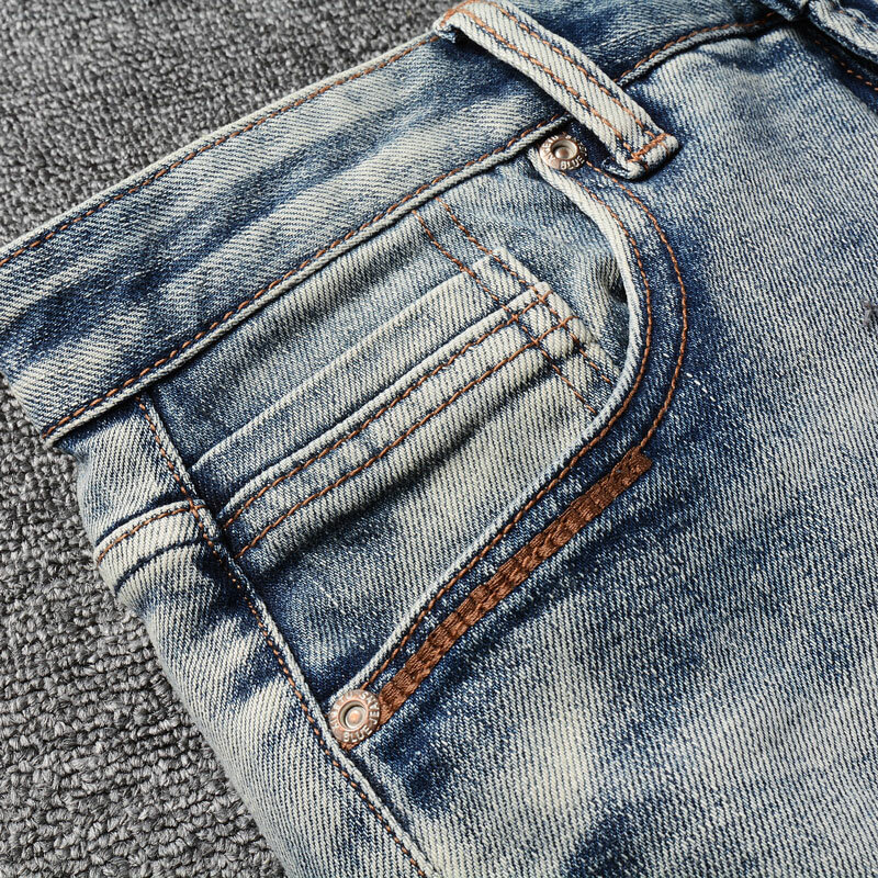 Celana Jeans sobek pas badan pria, celana Denim desainer Vintage Jeans gaya Italia modis kualitas tinggi Retro biru elastis melar