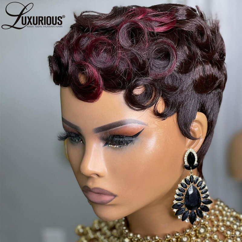 Pre Plucked Pixie Cut Short Full Machine Made Wigs Glueless Burgundy Ginger Wig For Black Women Brazilian Remy Human Hair Wigs