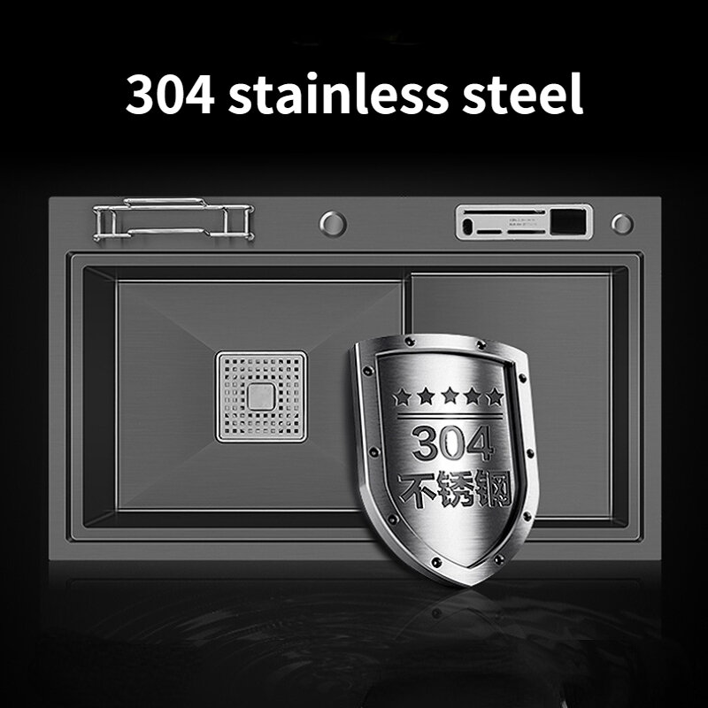 304 بالوعة المطبخ الفولاذ المقاوم للصدأ ، مغسلة نانو الأسود ، فتحة واحدة كبيرة ، حوض تحت مضادة ، عالية ومنخفضة مغلقة