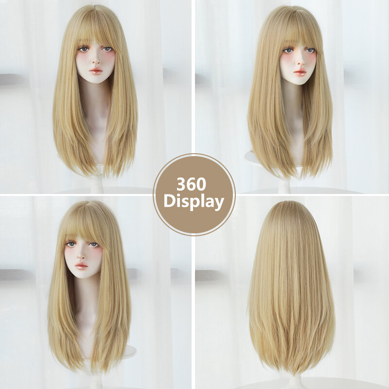 7JHH-peluca rubia larga y recta para mujer, cabello sintético en capas de alta densidad con flequillo de cortina, resistente al calor, uso diario