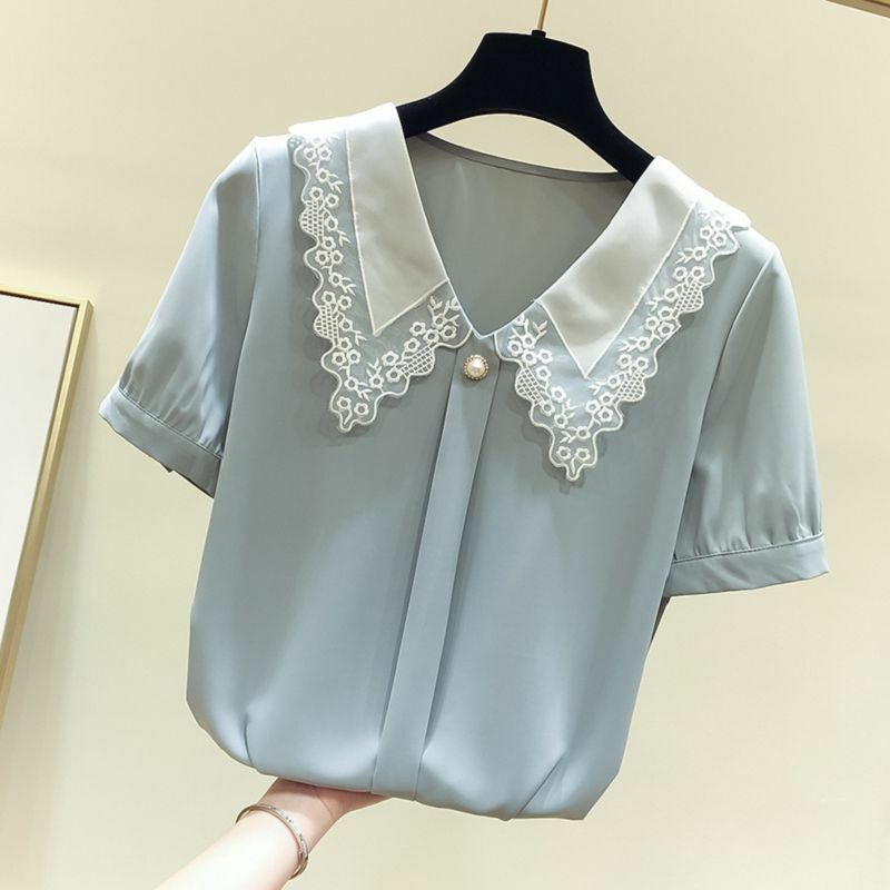 Женская шифоновая блузка в стиле пэчворк, свободная Однотонная рубашка с коротким рукавом, Элегантная Модная одежда для лета