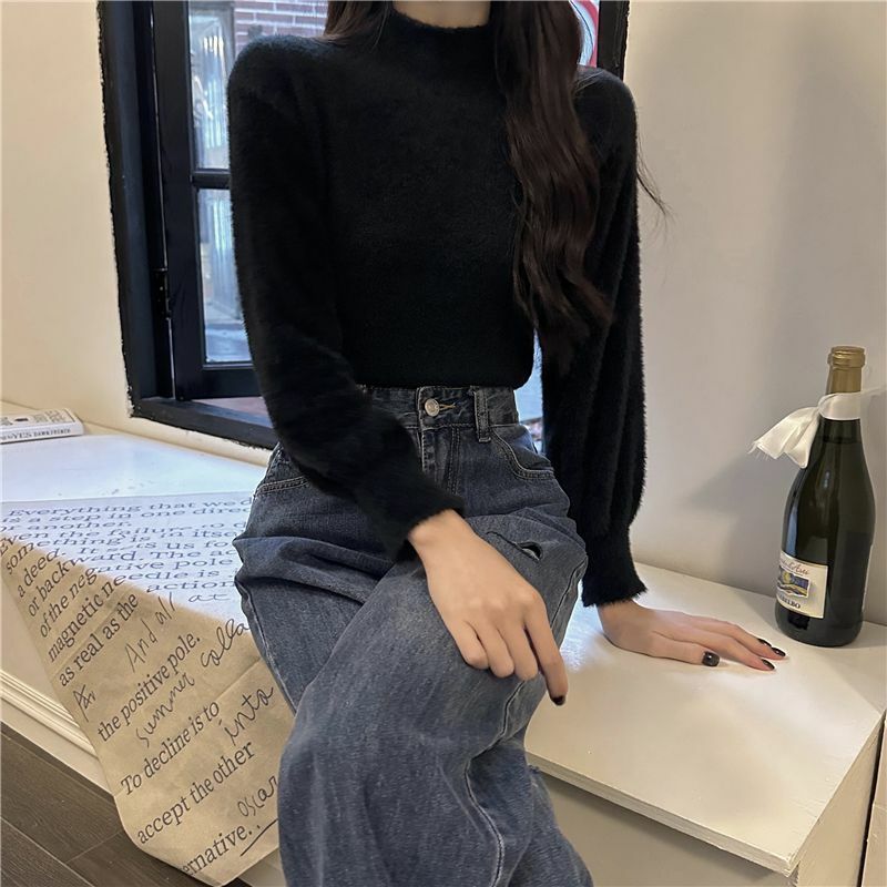 Knitted Pullovers Women Warm Half High Collar Inner Sweater Vintage Casual Streetwear Fashion Autumn Winter All-match Clothes