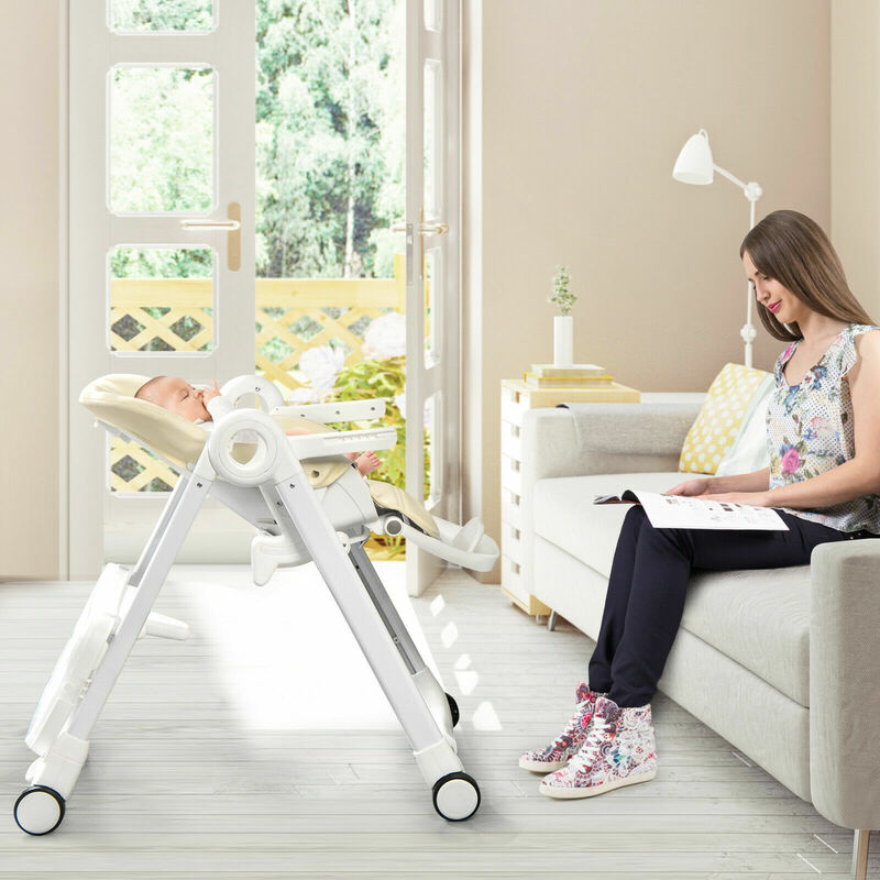 Baby Folding Convertible High Chair w/Wheel Tray Adjustable Height Recline Beige  AD10009BE