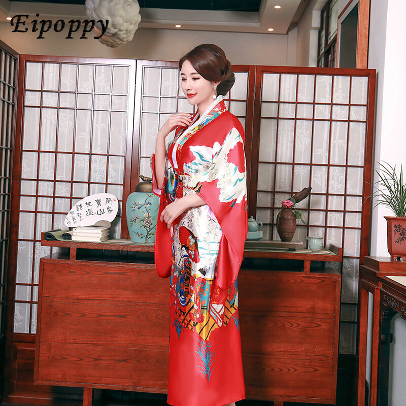Imitated Silk Pajamas Japanese Kimono Women's Summer Half Sleeve Bridal Gown Homewear Night-Robe Bathrobe