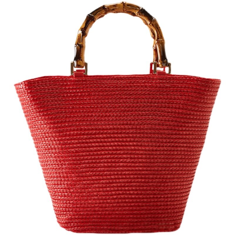 Женская Плетеная соломенная сумка через плечо из натуральной кожи, вместительная пляжная соломенная сумка-шоппер в богемном стиле