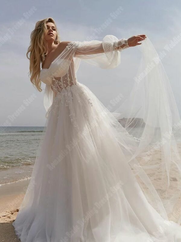 ชุดแต่งงานมีปกคอรูปหัวใจสำหรับผู้หญิงชุดคลุมผ้าทูลเนื้อนุ่มขนาดพิเศษชุดเจ้าหญิงทรงเอไลน์ยอดนิยม