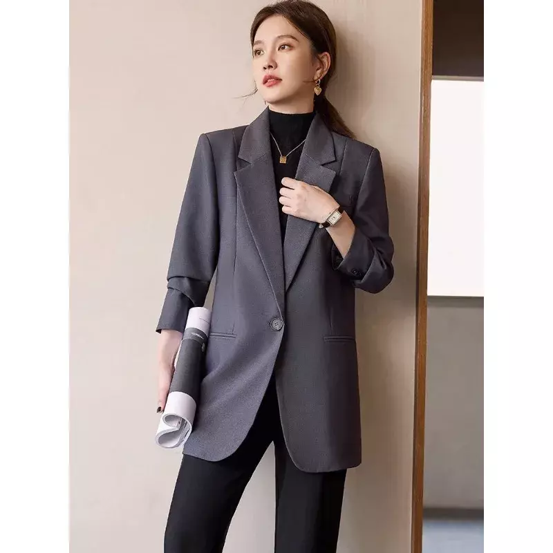 Женский свободный Блейзер на одной пуговице, серый/кофейный/черный прямой пиджак с длинным рукавом, офисная одежда для работы