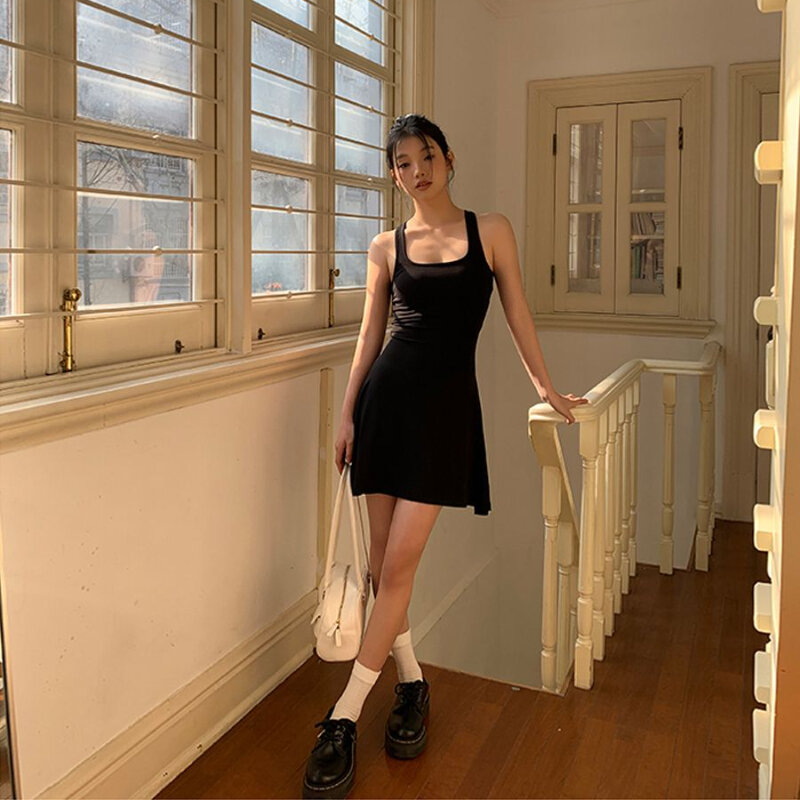 HOUZHOU gaun elegan kasual Bodycon hitam seksi manis untuk wanita gaun tanpa lengan Mini ramping Korea pesta Y2k pendek