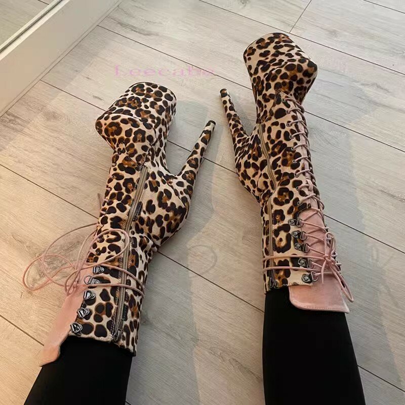 Auman Ale New 20CM/8inches Leopard Upper Sexy Exotic High Heel Platform Party Women Round Toe Ankle Boots Pole Dance Shoes 159