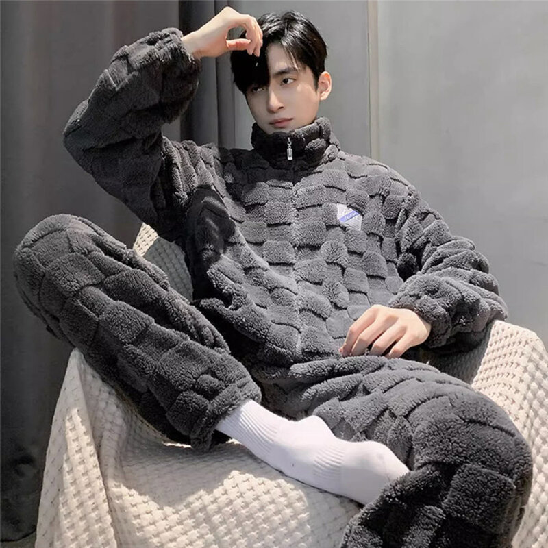 2024 Winter Warm Men Pajamas Set Stand Collar Fluffy Coat and Long Pants Coral Fleece Sleepwear Men's Plaid Home Clothes