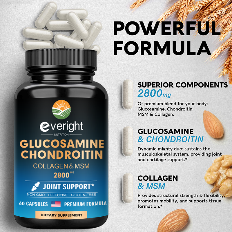 Cápsulas de Glucosamina Extra Forte para Adultos, Suplemento para Joint Support, Antioxidante, Suporte Imunológico, Condroitina, 1600 mg, 800 mg