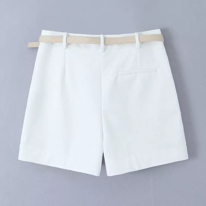 Shorts plissés taille haute pour femmes, décoration de ceinture, mode chic, décontracté, polyvalent, rétro, poche latérale, nouveau, 2024