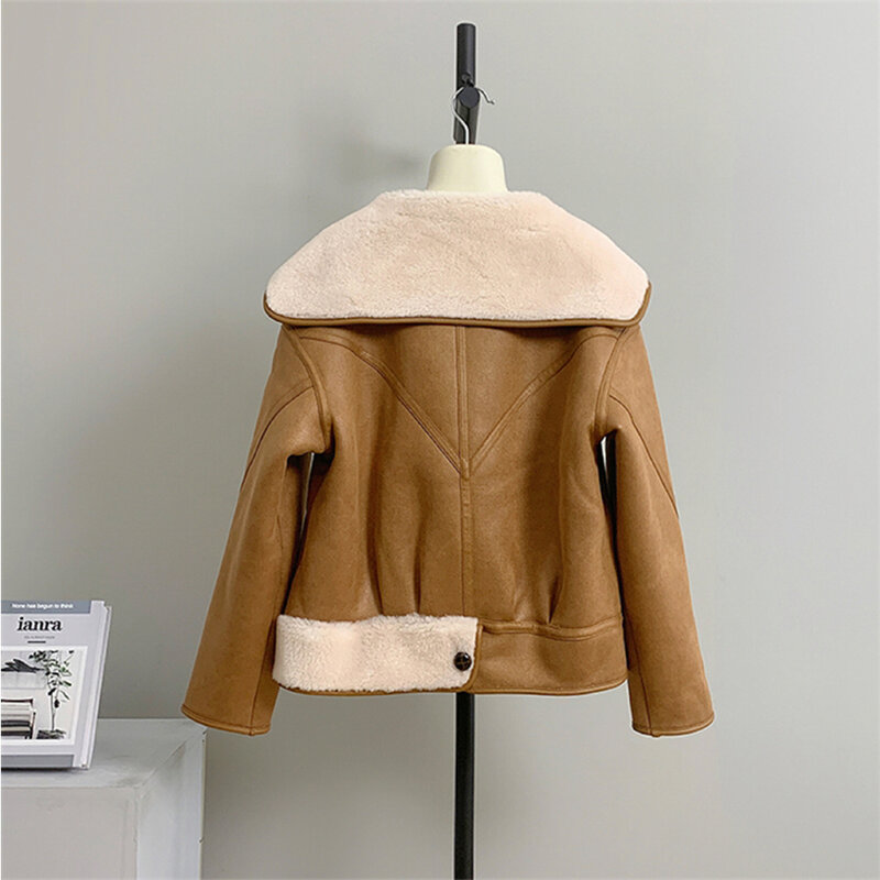 Abrigo de lana grueso y cálido para mujer, chaqueta de ocio de manga larga con solapa de gamuza suave sólida, prendas térmicas versátiles para invierno