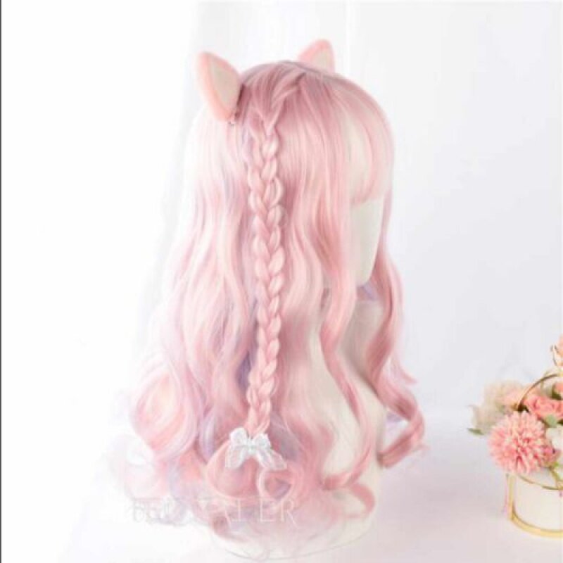 Red blue gradient cat ear long curly hair cosplay Wig washable unisex's