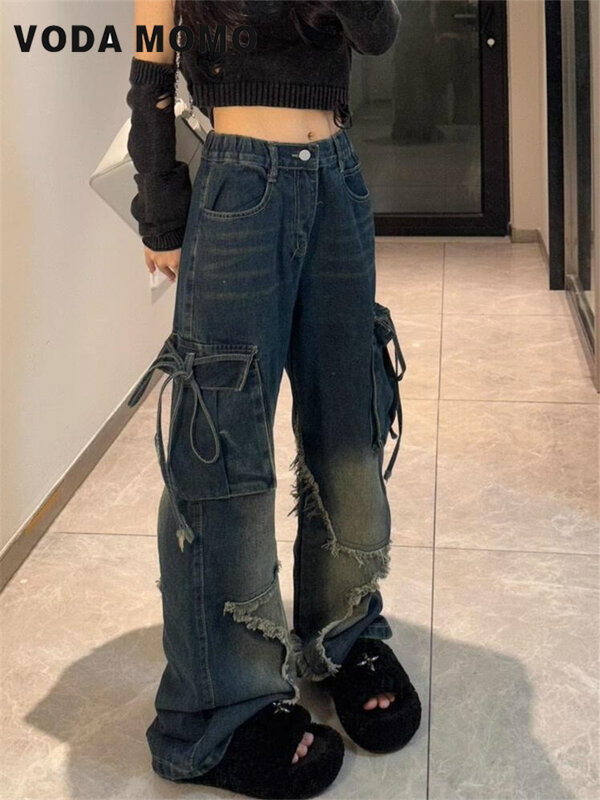 Универсальные Базовые Женские готические модные мешковатые джинсы в стиле Харадзюку Y2k, индивидуальные эстетичные джинсовые брюки в винтажном стиле хип-хоп