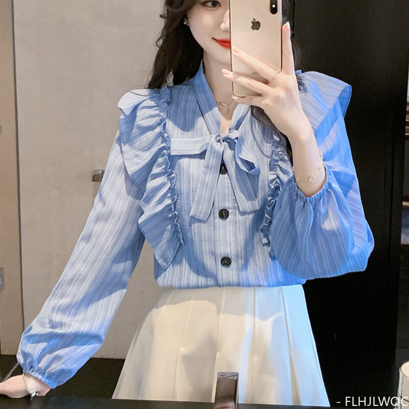 Heiße Verkäufe Fliege Rüschen Tops Blusas 2024 süße süße Mädchen Chic Korea Mode Kleidung Büro Dame Frauen gestreifte Hemden Blusen