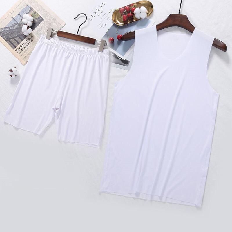 Men Ice Silk Sleeveless Vest V-Neck Tank Top &short Set Summer Sleepwear Casual.