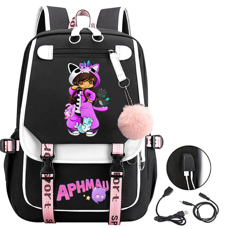 3D Printed Aphmau Anime Backpack Students Large Capacity Backpack Waterproof Full Ball USB Schoolbag Boys Girls Cartoon Bookbags
