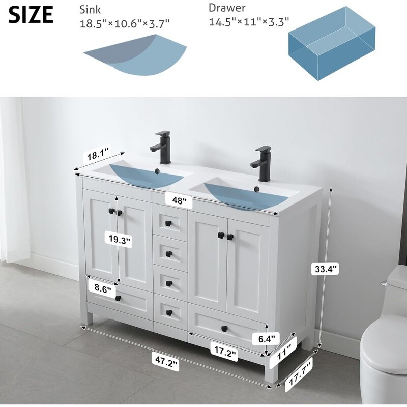 Tocadores de baño con lavabo, fregadero de cerámica empotrado con madera engrosada, grifo negro mate, gabinete de tocador de baño