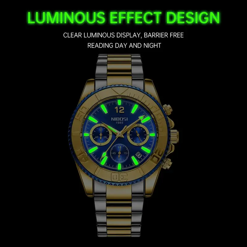 NIBOSI Casual Sport zegarki męskie chronograf ze stali zegarek dla nurka zegarek duża tarcza kwarcowy zegar Luminous Relogio Masculino