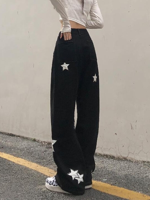 HOUZHOU Y2K Retro Streetwear Black Cargo Jeans Women Gothic Punk Vintage Kpop Print Wide Leg Denim Panrts Female Autumn Trousers