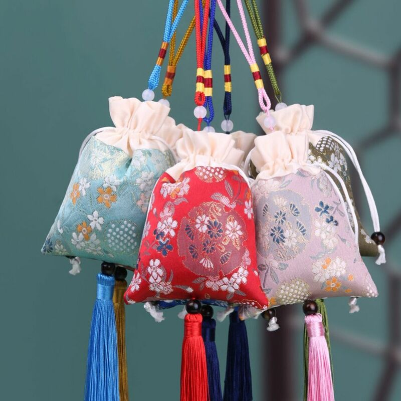 Bolso con cordón de borla de flores florales, bolsa de gran capacidad con cuentas de estilo chino, bolso de cubo de decoración Hanfu